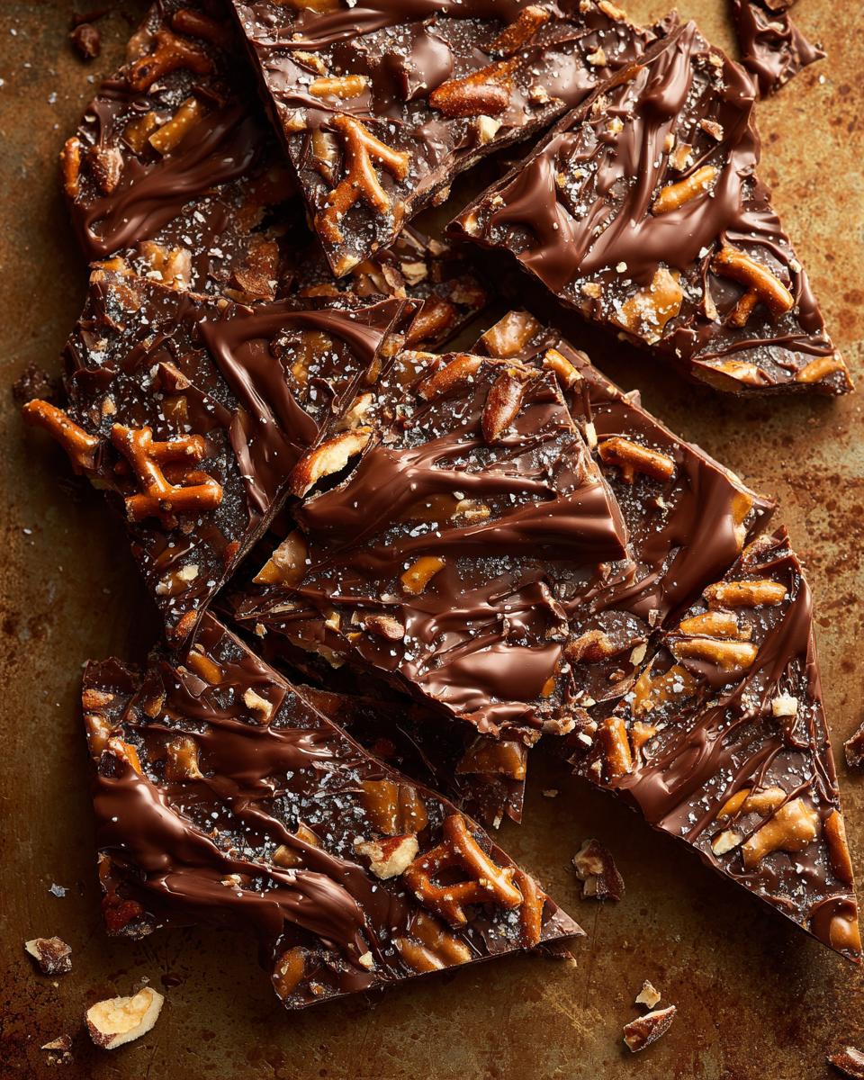 Pieces of 10-Minute No-Bake Peanut Butter Pretzel Bark drizzled with chocolate and sprinkled with sea salt.