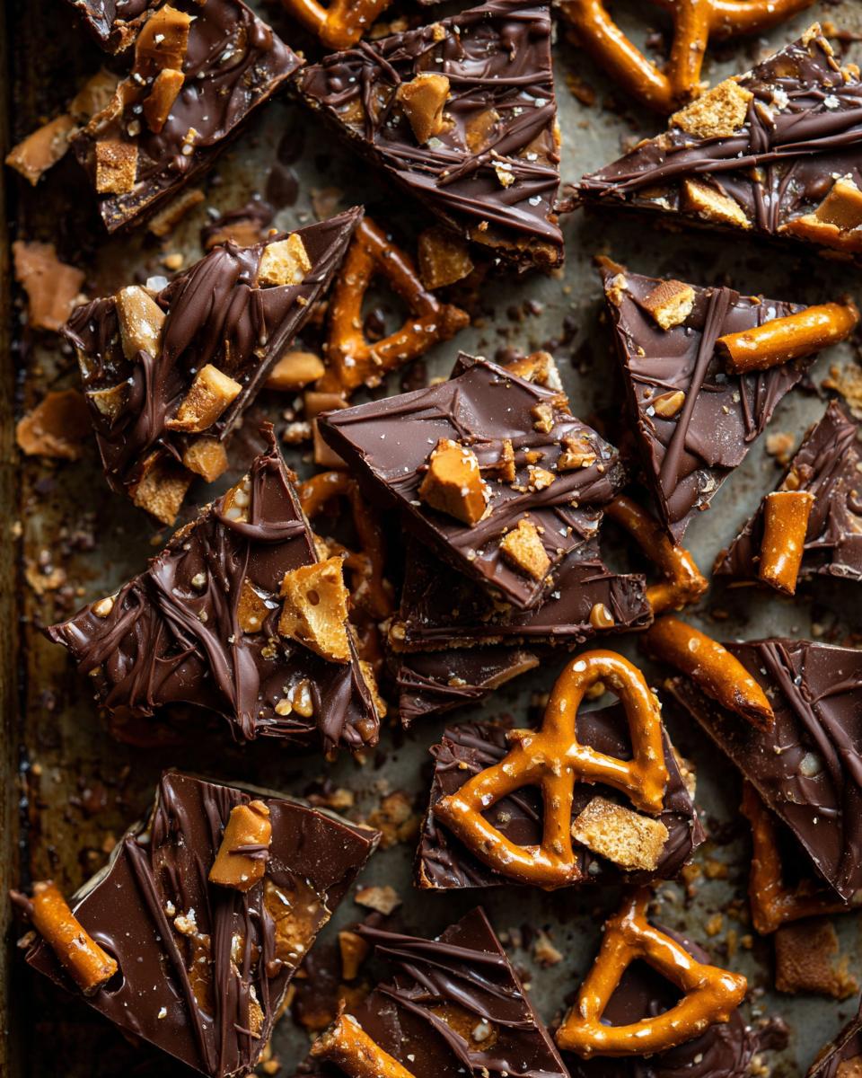 Overhead view of 10-Minute No-Bake Peanut Butter Pretzel Bark pieces with chocolate drizzle and pretzel toppings.