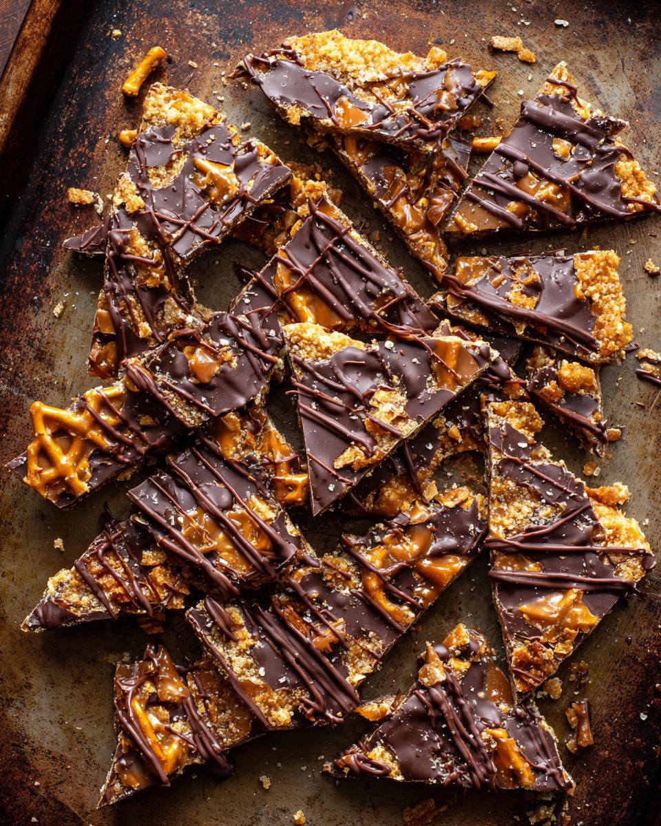 Pieces of 10-Minute No-Bake Peanut Butter Pretzel Bark drizzled with chocolate on a baking sheet.