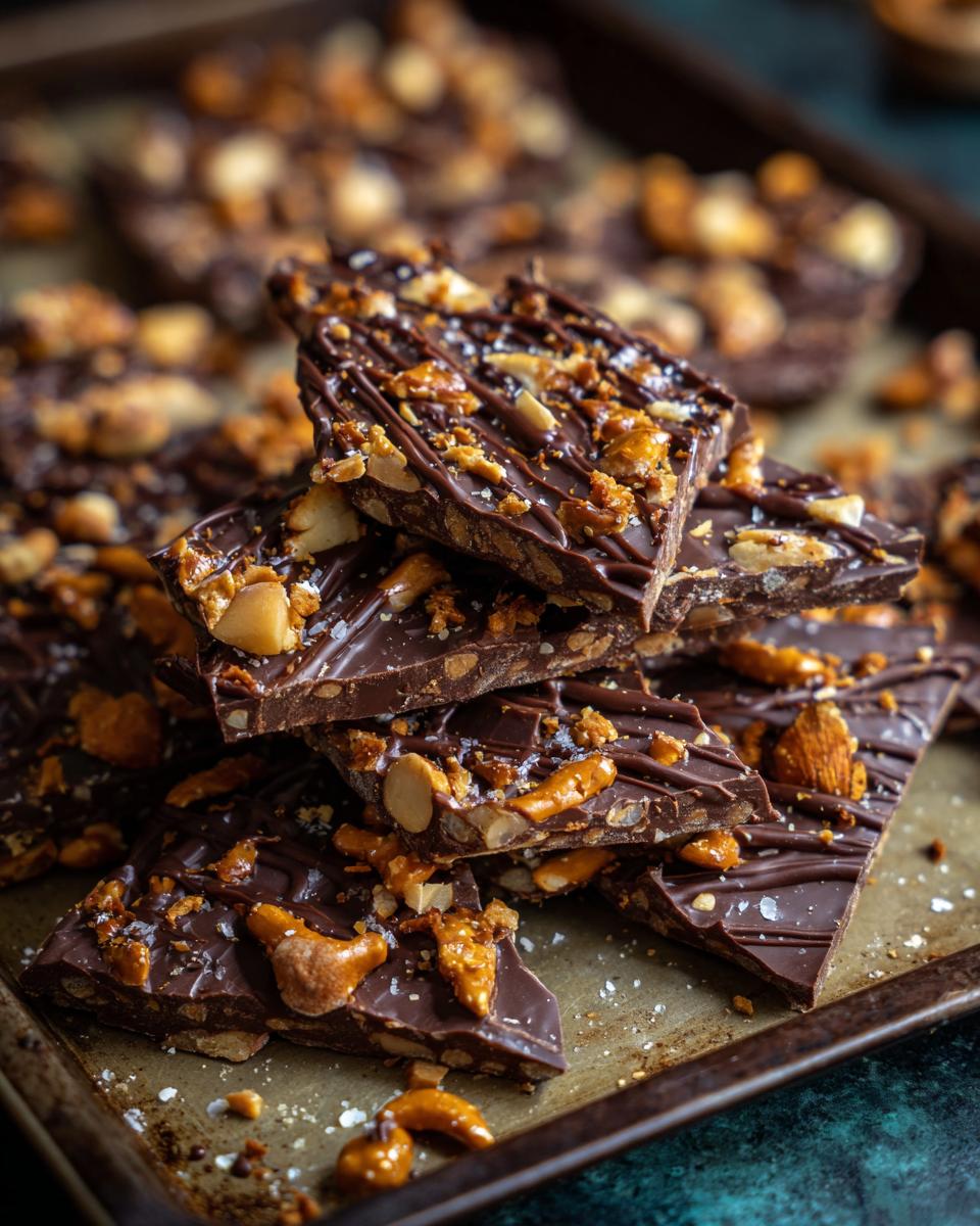 A stack of 10-Minute No-Bake Peanut Butter Pretzel Bark pieces, topped with nuts and drizzled chocolate.