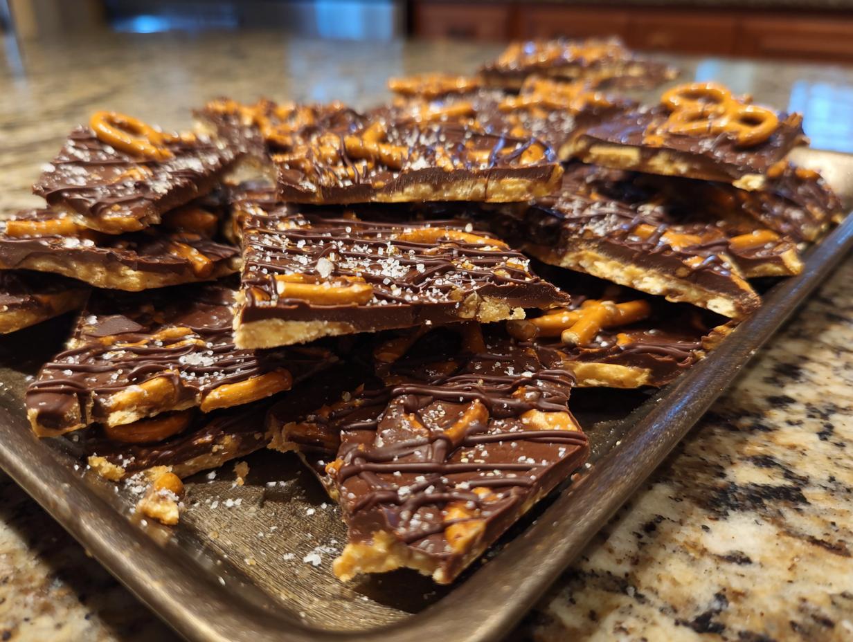 Pieces of 10-Minute No-Bake Peanut Butter Pretzel Bark on a tray, topped with chocolate drizzle and pretzel pieces.