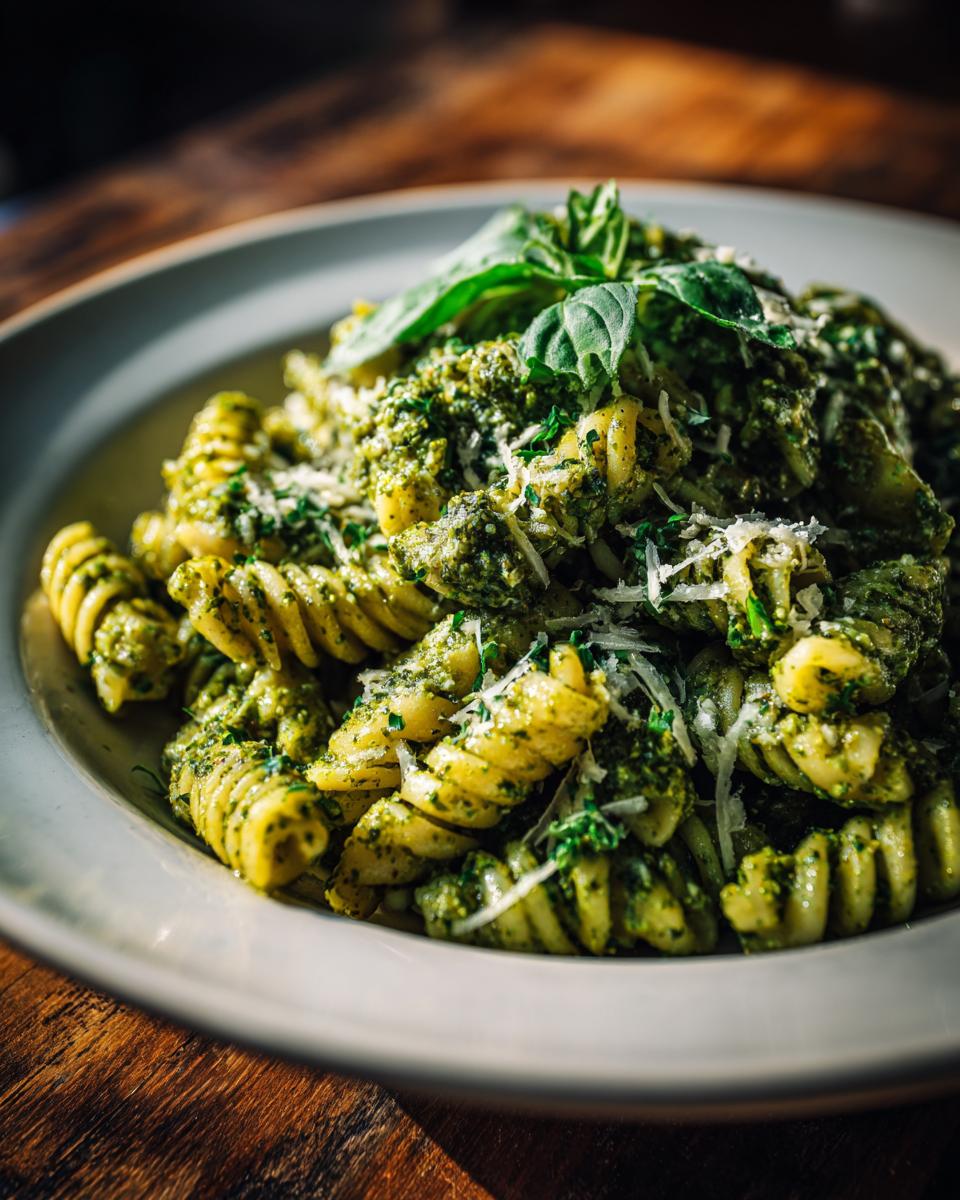 Close-up of Pesto Pasta Salad with rotini pasta, pesto sauce, parmesan cheese, and fresh basil.