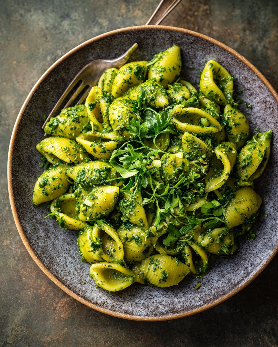 Overhead shot of a bowl of pesto pasta salad with shell pasta, pesto sauce, and fresh herbs. 