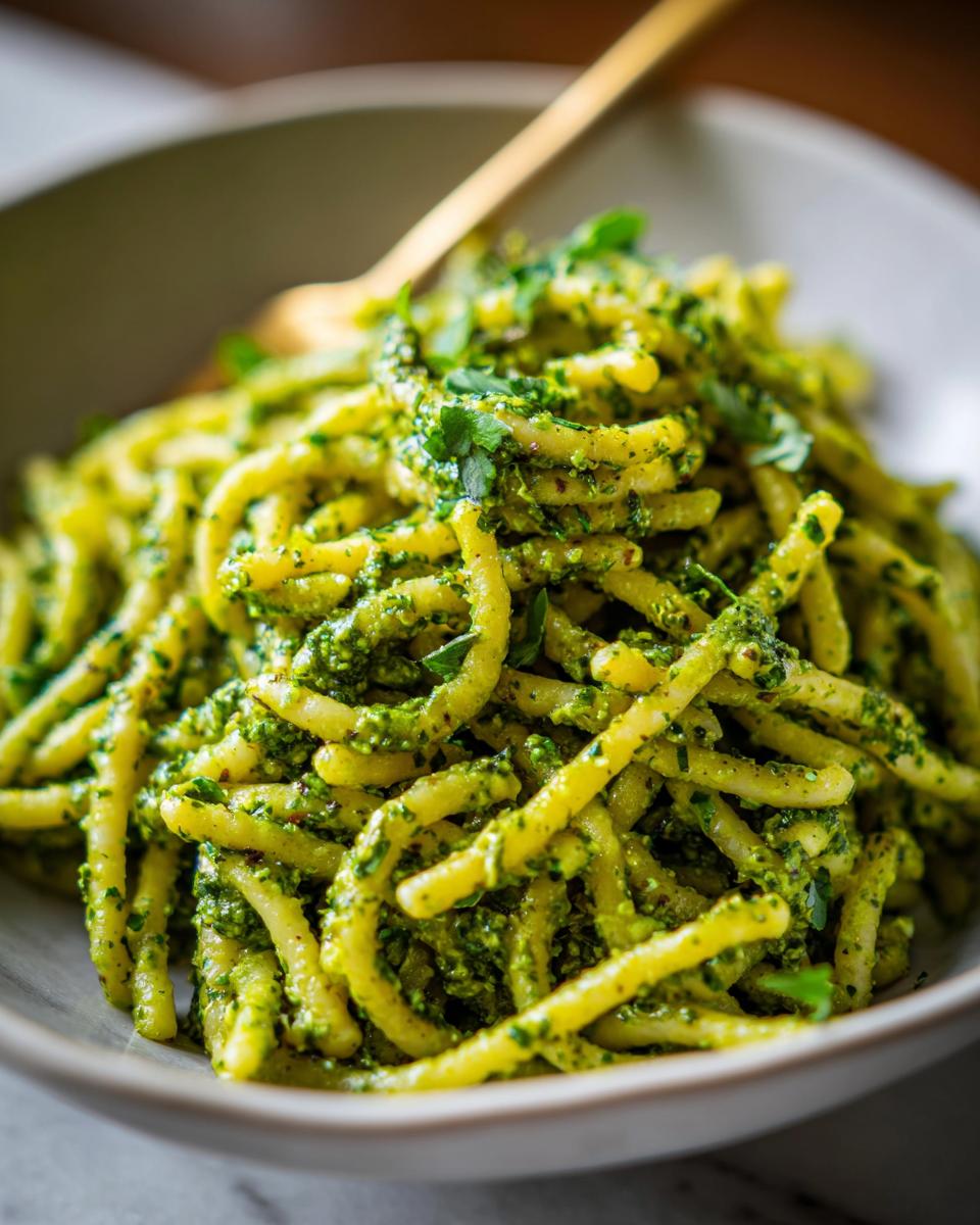 Close-up of Pesto Pasta Salad in a bowl, featuring pasta coated in vibrant green pesto and fresh herbs.