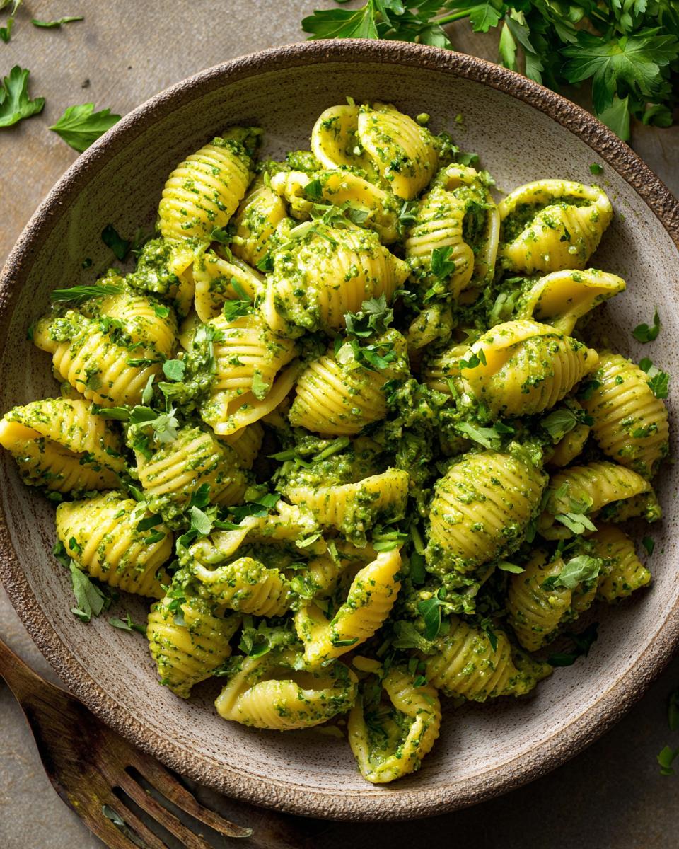 Overhead shot of a bowl filled with Pesto Pasta Salad, garnished with fresh parsley.