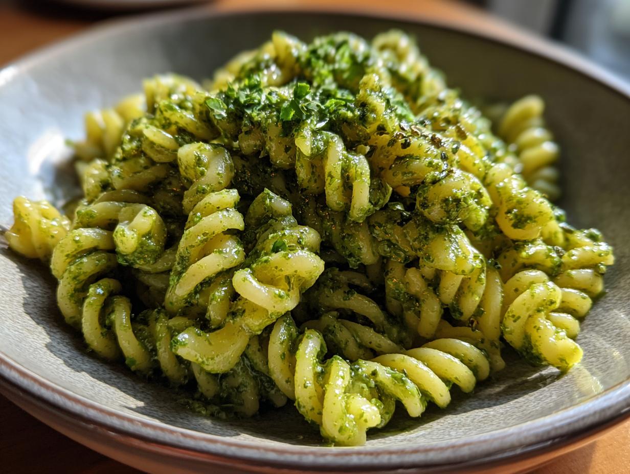 Close-up of a bowl of Pesto Pasta Salad, featuring spiral pasta coated in vibrant green pesto and herbs.