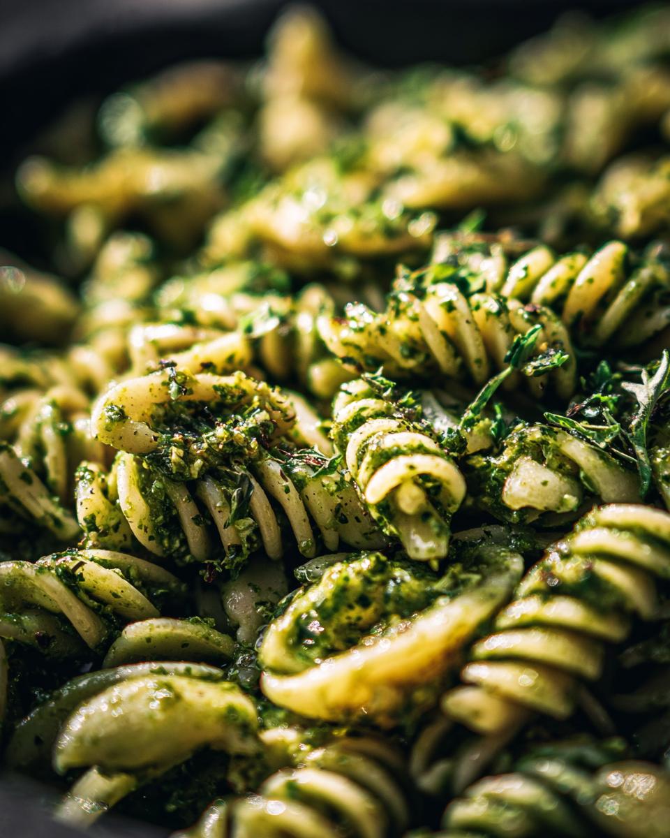 A close-up shot of vibrant pesto pasta salad featuring spiral pasta coated in rich green pesto sauce.
