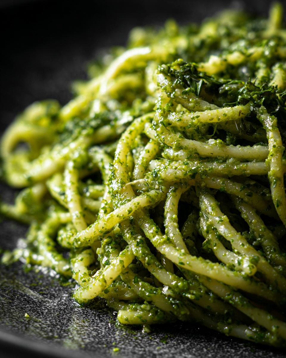 Close-up of vibrant green Pesto Pasta Salad, showcasing the pasta coated in pesto sauce.