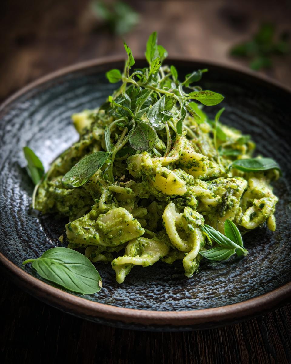Close-up of Pesto Pasta Salad on a dark plate, garnished with fresh basil and herbs.