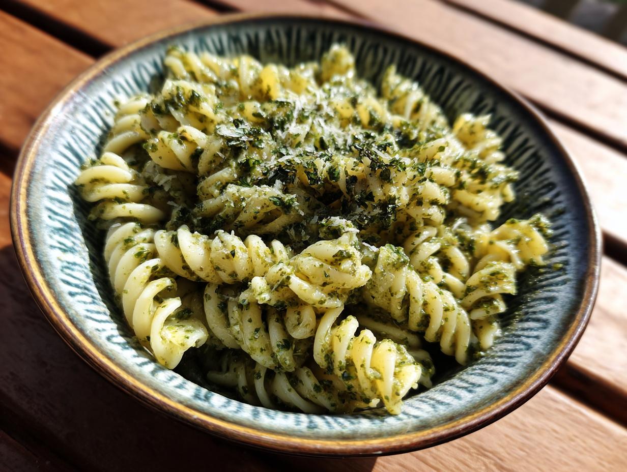 Close-up of Pesto Pasta Salad in a bowl, garnished with herbs and grated cheese.