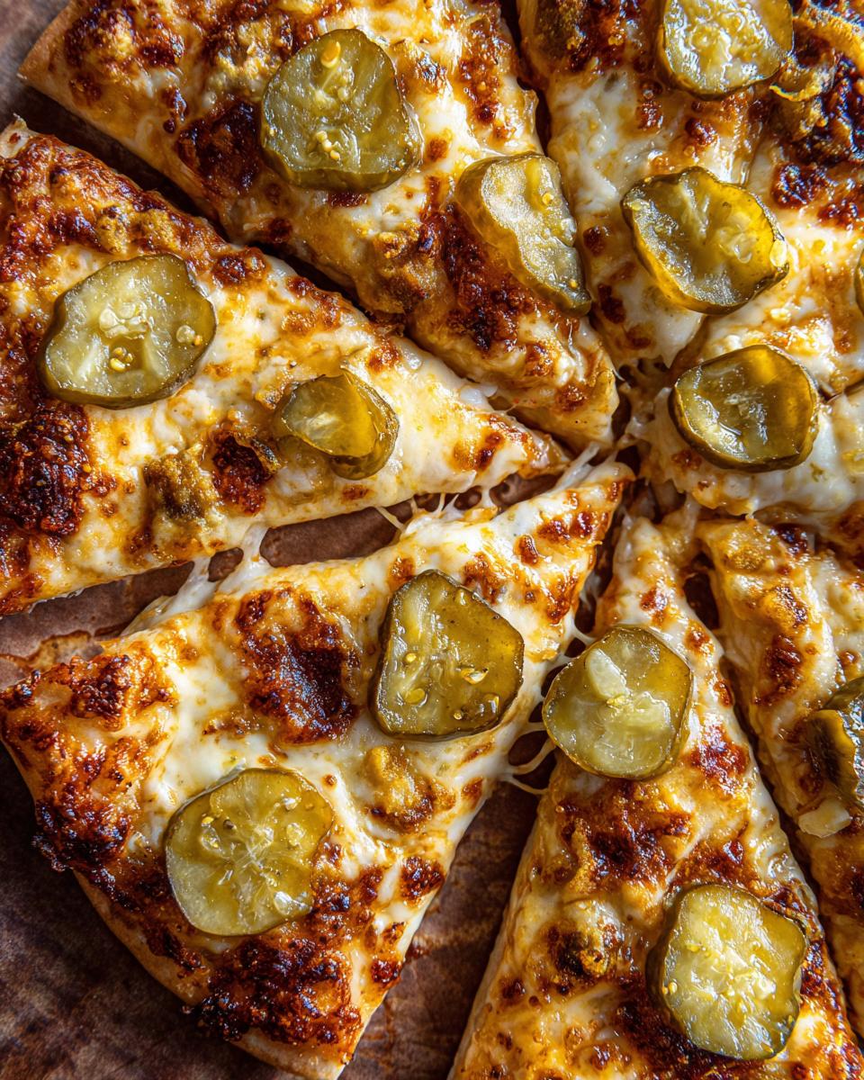 Close-up of Pickle Pizza Viral Salty Slice with melted cheese and sliced pickles on a crispy crust.