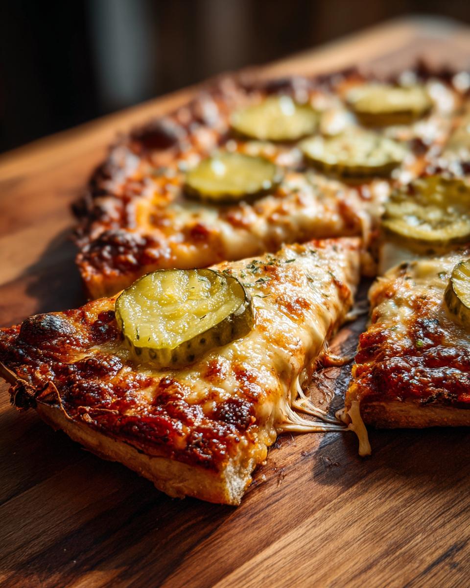 A close-up of Pickle Pizza Viral Salty Slice with melted cheese and dill pickles on a wooden board.