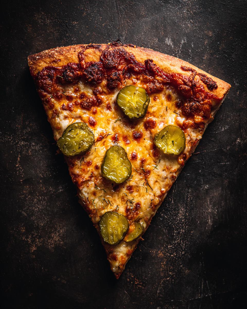 A slice of Pickle Pizza Viral Salty Slice with melted cheese and dill pickles on a dark background.