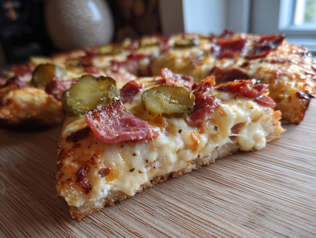 Close-up of a Pickle Pizza Viral Salty Slice with pickles, cheese, and meat toppings on a wooden board.