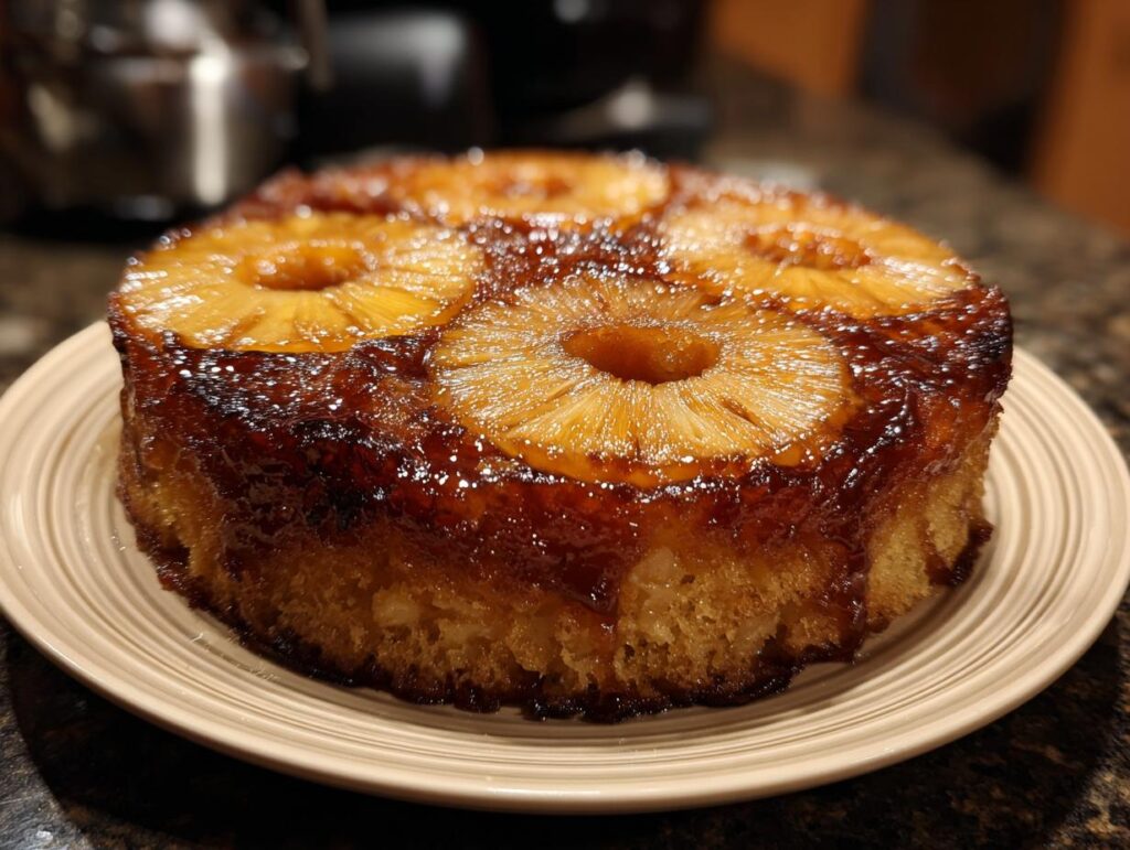 A freshly baked, Moist & Buttery Homemade Pineapple Upside Down Cake on a plate, showcasing the caramelized pineapple topping.