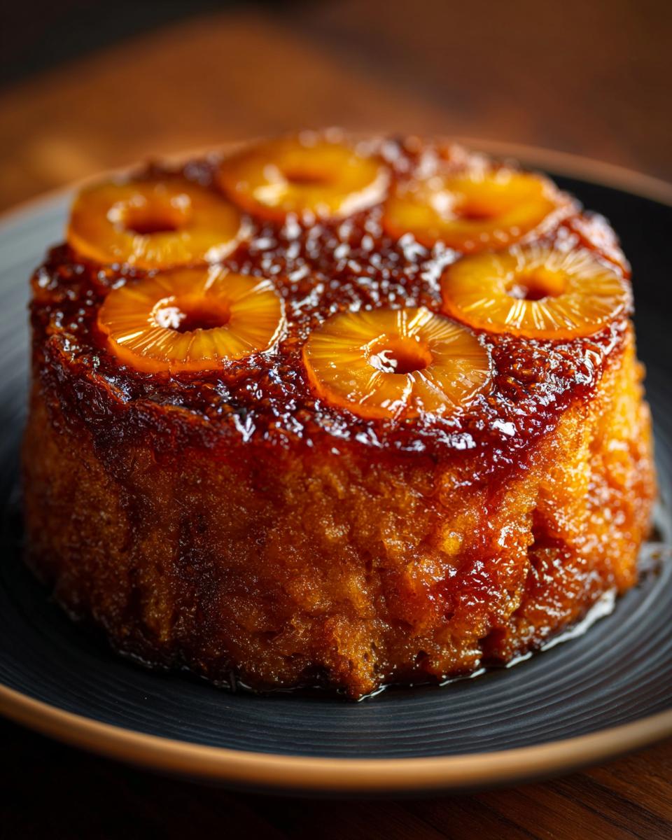 A moist & buttery homemade pineapple upside down cake, topped with glazed pineapple rings, on a dark plate.