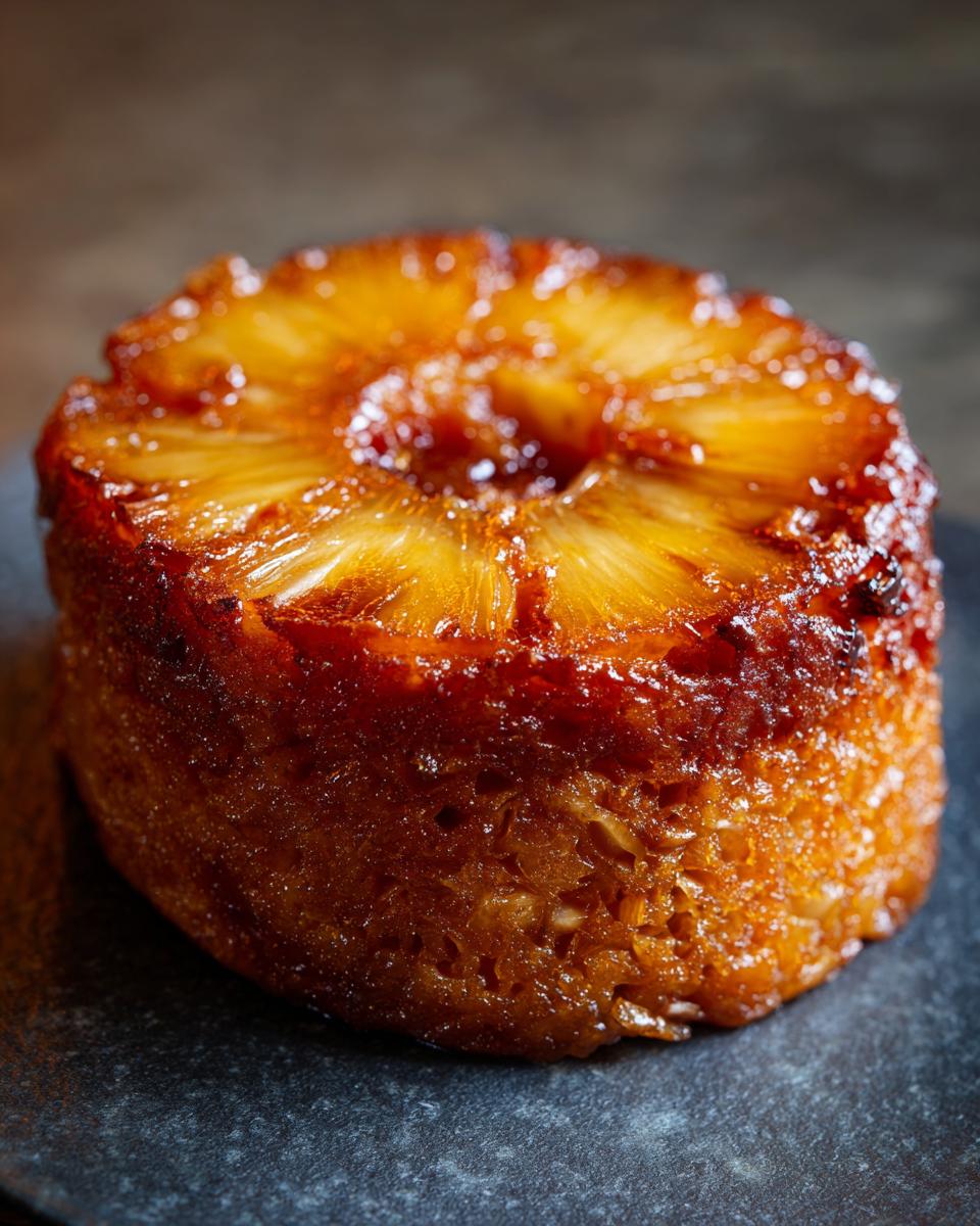 Close-up of a moist & buttery homemade pineapple upside down cake, showcasing caramelized pineapple topping.