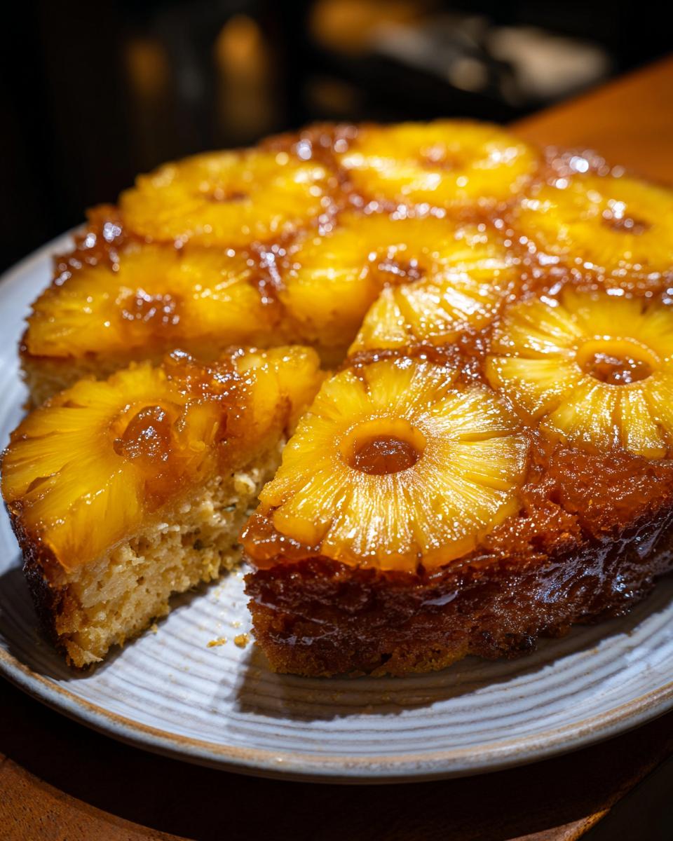 A slice of moist & buttery homemade Pineapple Upside Down Cake, showcasing the caramelized pineapple topping.