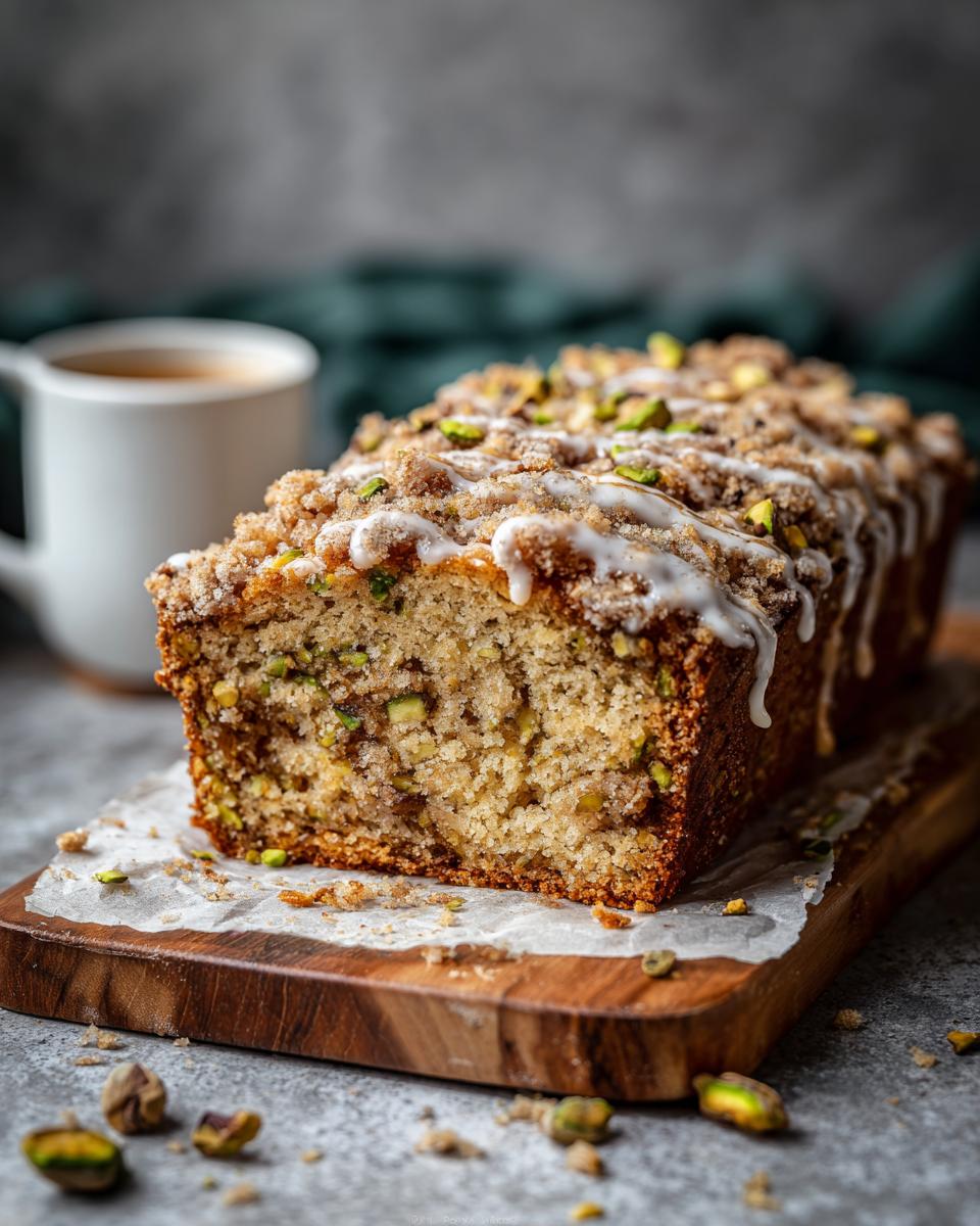 A loaf of Ultimate Moist Pistachio Coffee Cake with a glaze, pistachios, and crumb topping on a wooden board.