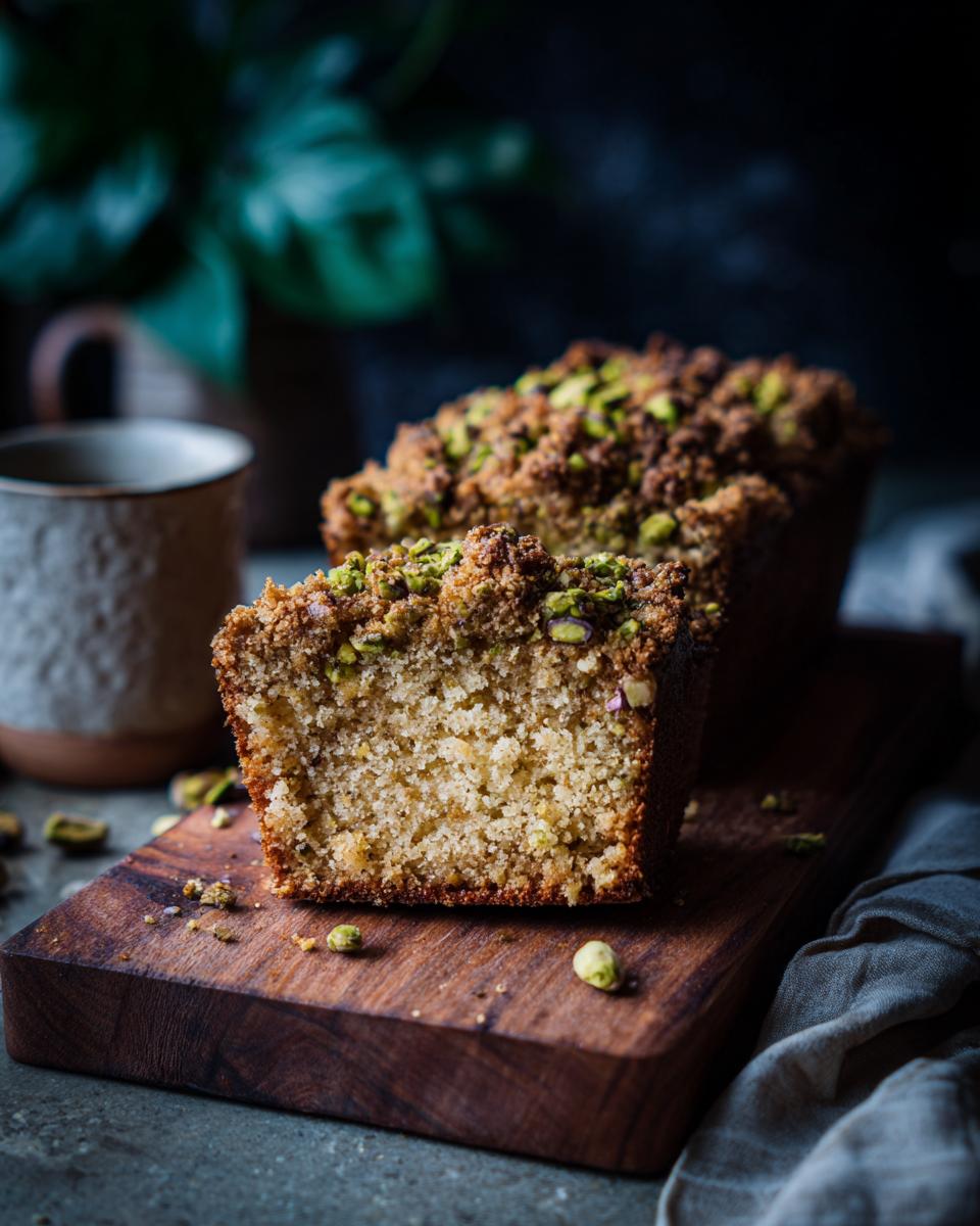 A slice of ultimate moist pistachio coffee cake on a wooden board, topped with pistachios and crumbs.