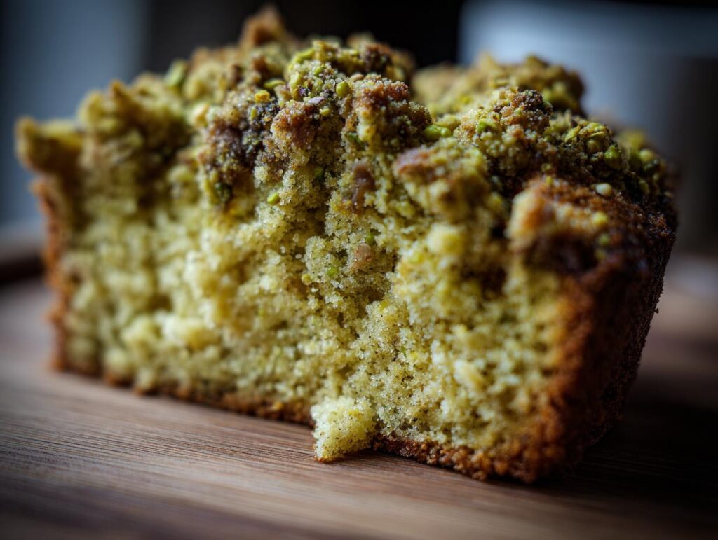 A close-up of a slice of Ultimate Moist Pistachio Coffee Cake, showcasing its crumbly topping and moist interior.