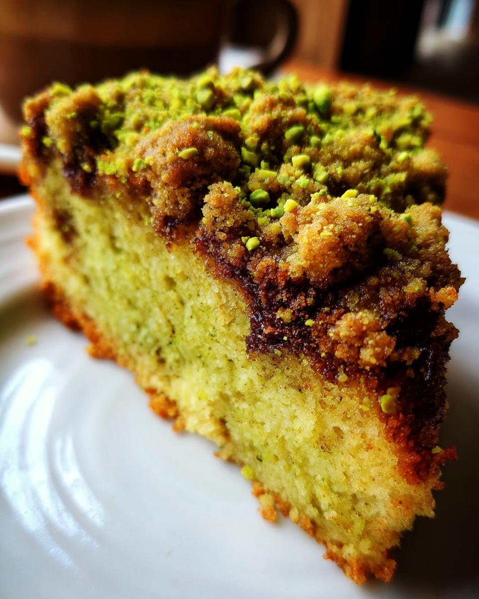 A slice of Ultimate Moist Pistachio Coffee Cake with crumb topping and pistachio garnish on a white plate.