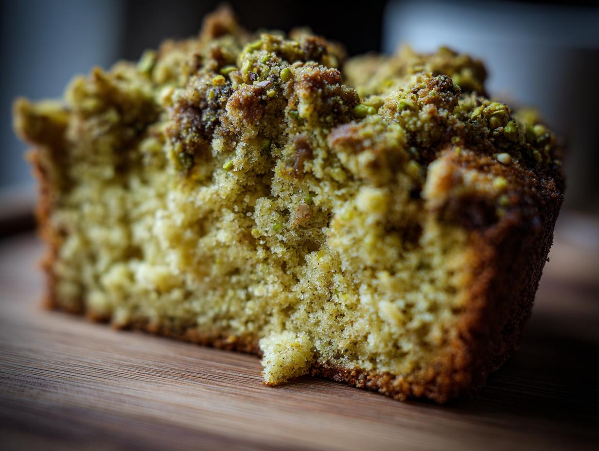 A close-up of a slice of Ultimate Moist Pistachio Coffee Cake, showcasing its crumbly topping and moist interior.