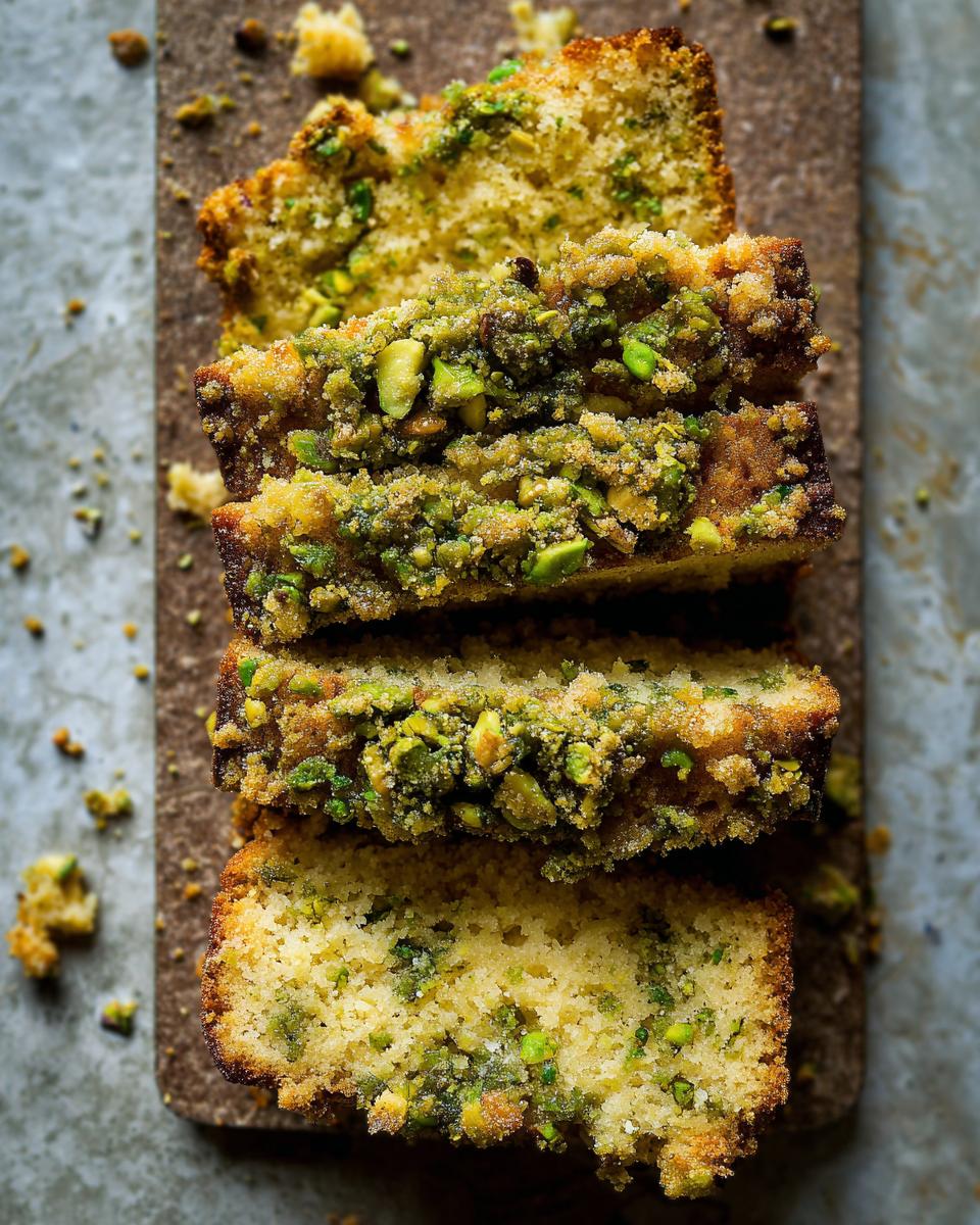 Slices of Ultimate Moist Pistachio Coffee Cake stacked on a board, topped with pistachios.