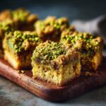 Close-up of squares of ultimate moist pistachio coffee cake with crumb topping and chopped pistachios.