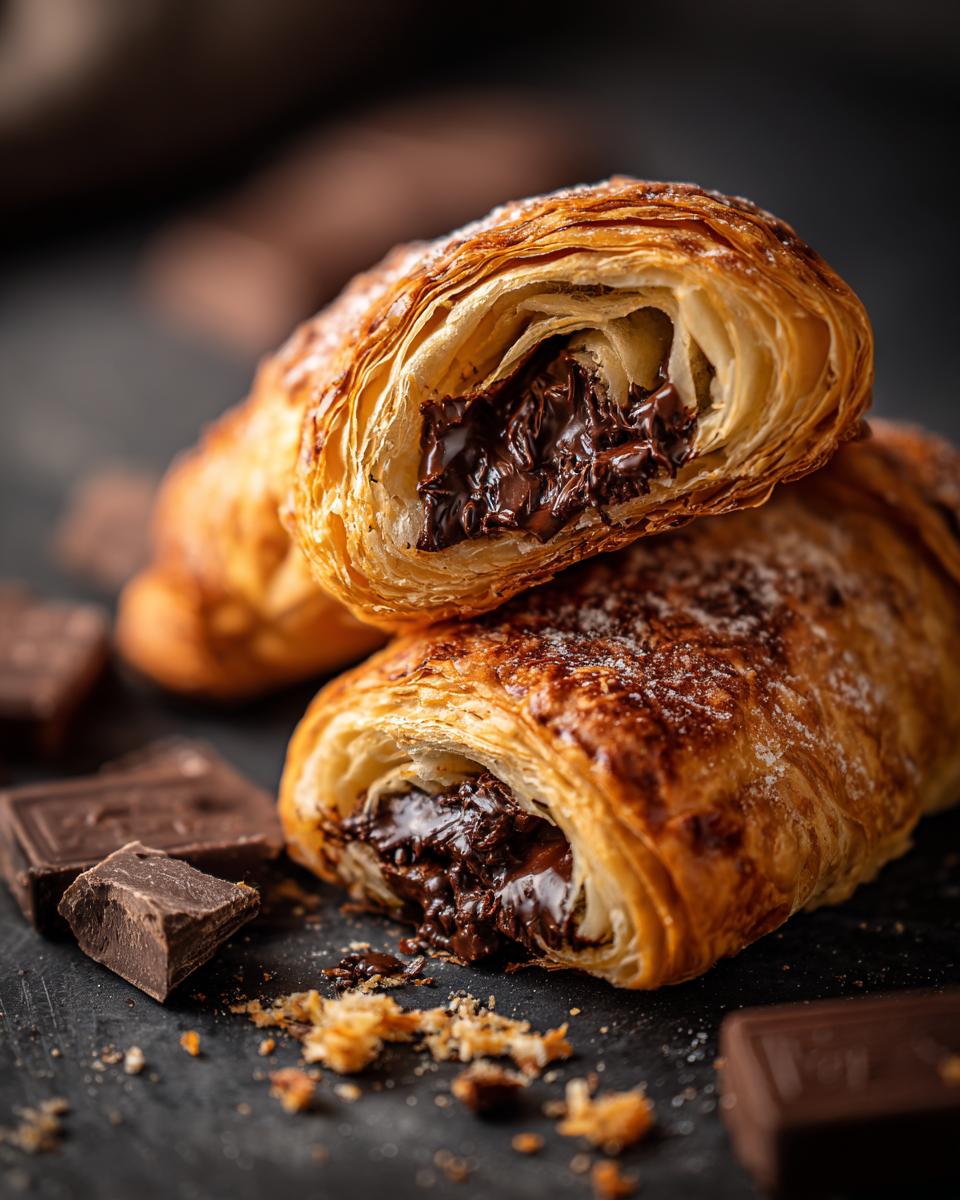 Close-up of 20-Minute Puff Pastry Chocolate Croissants, cut open to reveal the chocolate filling.