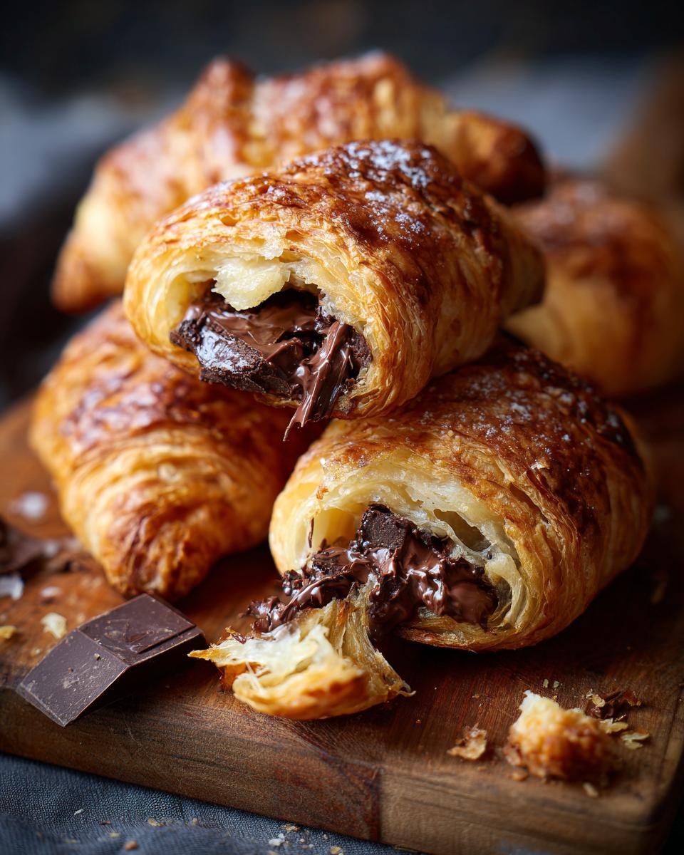 Close-up of 20-Minute Puff Pastry Chocolate Croissants with melted chocolate oozing out on a wooden board.