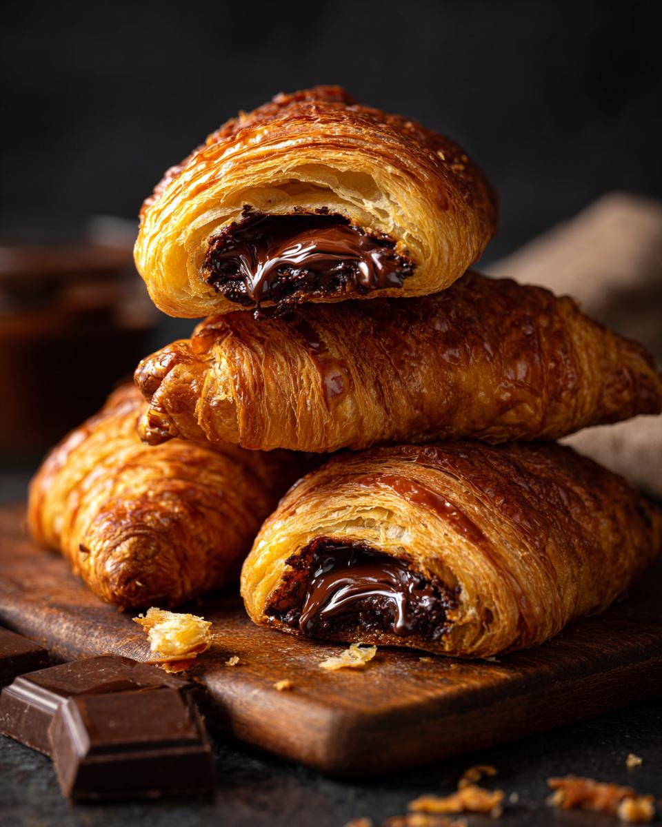 A stack of golden 20-Minute Puff Pastry Chocolate Croissants on a wooden board, with melted chocolate oozing out.
