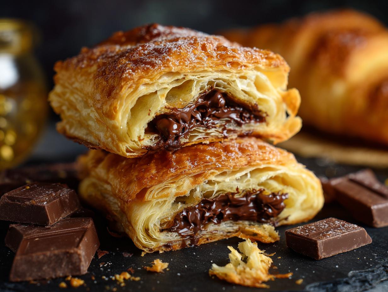 Two 20-Minute Puff Pastry Chocolate Croissants stacked, cut open to show chocolate filling, with chocolate pieces around.
