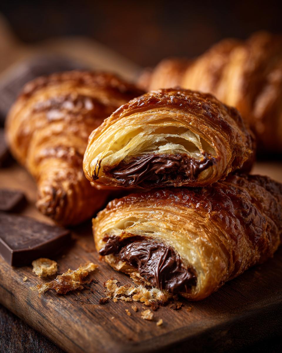 Close-up of 20-Minute Puff Pastry Chocolate Croissants with flaky layers and melted chocolate filling on a wooden board.