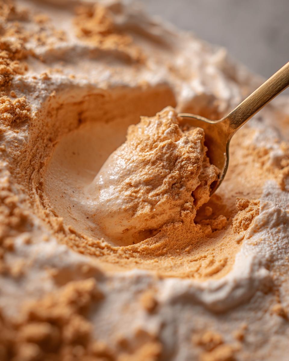 Close-up of a spoonful of The Pumpkin Fluff dessert, showing its creamy texture and graham cracker topping.