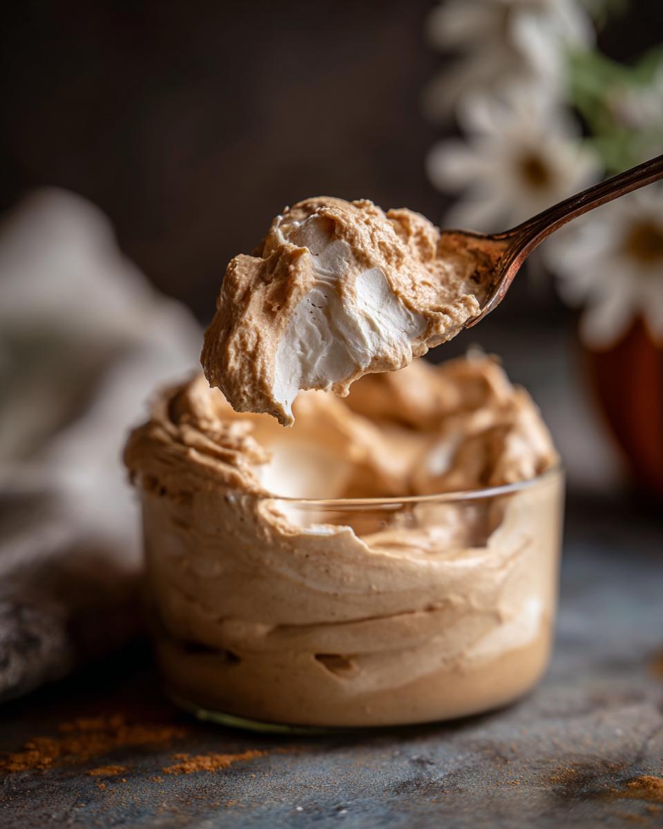 Close-up of a spoonful of The Pumpkin Fluff dessert, showing the creamy texture and layers.