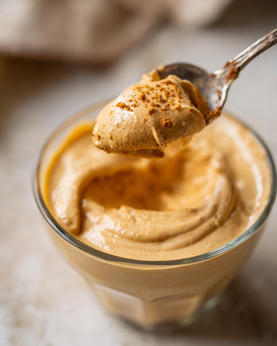 A spoonful of The Pumpkin Fluff dessert, topped with spices, being lifted from a glass.