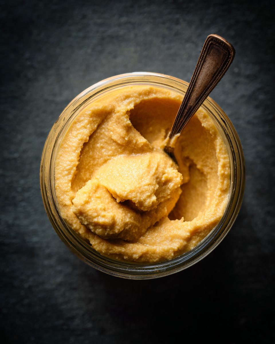 Overhead shot of a jar filled with The Pumpkin Fluff, a surprising potato recipe, with a spoon inside.