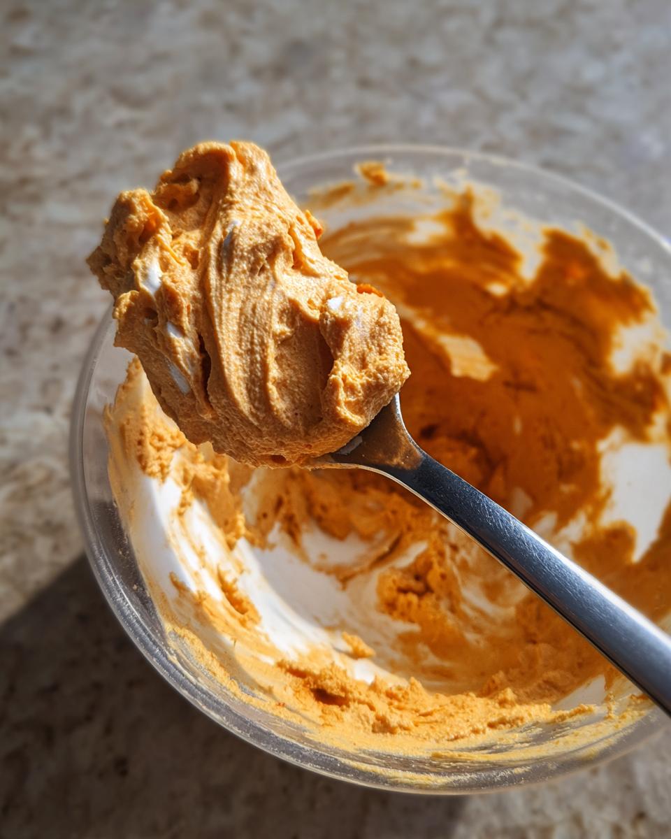 A spoonful of The Pumpkin Fluff dessert, showing its creamy texture and vibrant orange color.