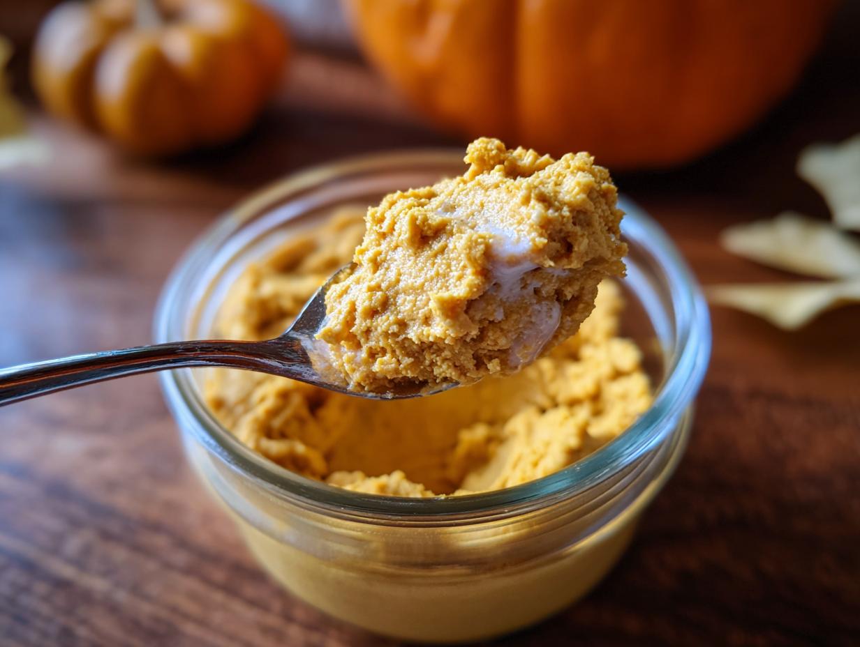 A spoonful of The Pumpkin Fluff is held over a glass bowl filled with the dessert. Pumpkins are in the background.