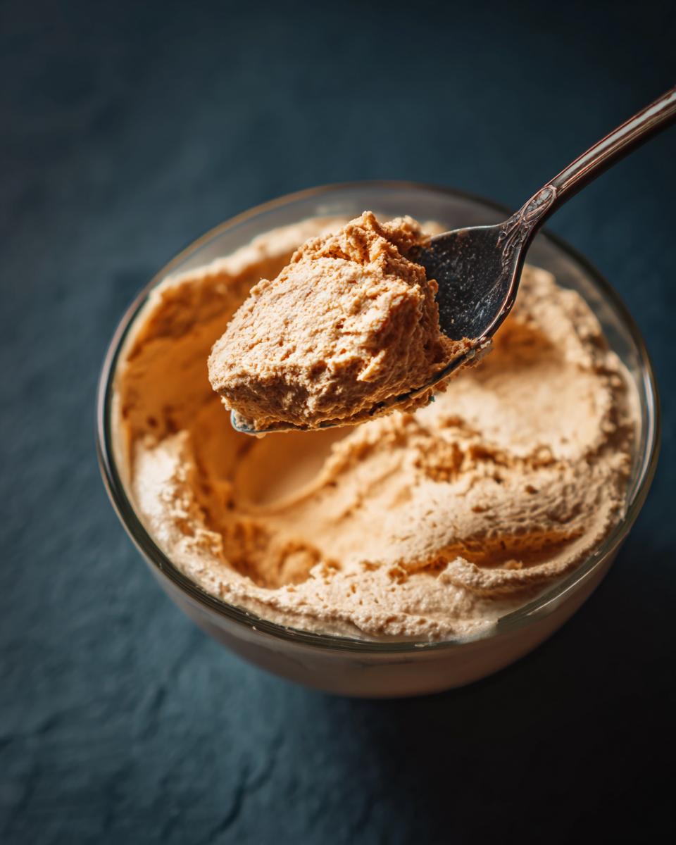 A spoonful of The Pumpkin Fluff being lifted from a glass bowl. Creamy, light orange dessert.