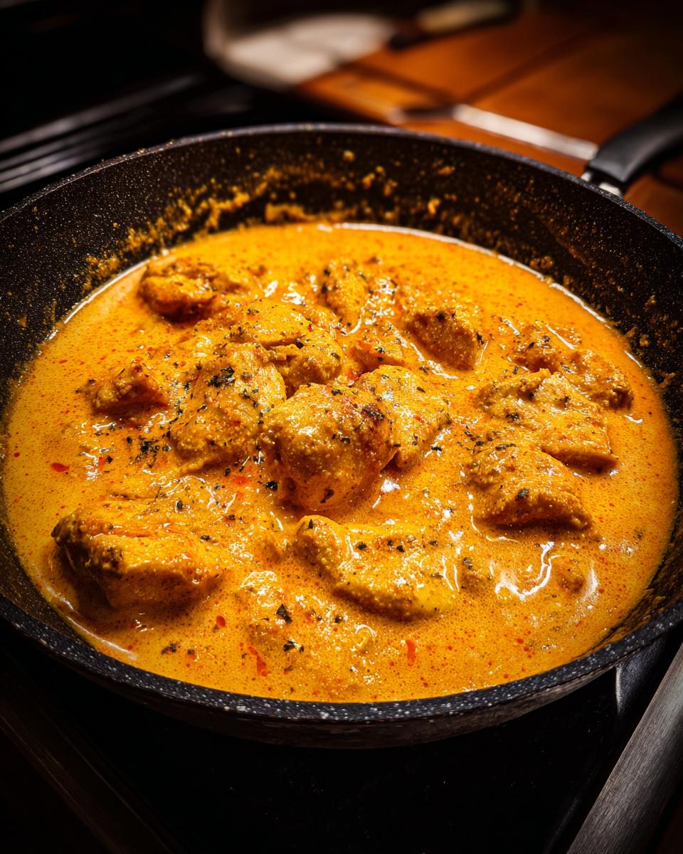 Pan of quick easy homemade butter chicken, better than takeout, simmering with a creamy sauce and seasoned chicken pieces.