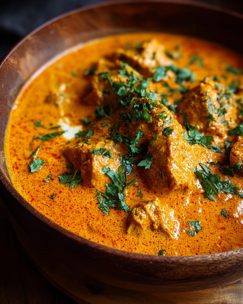 Close-up of Quick Easy Homemade Butter Chicken in a wooden bowl, garnished with fresh parsley.