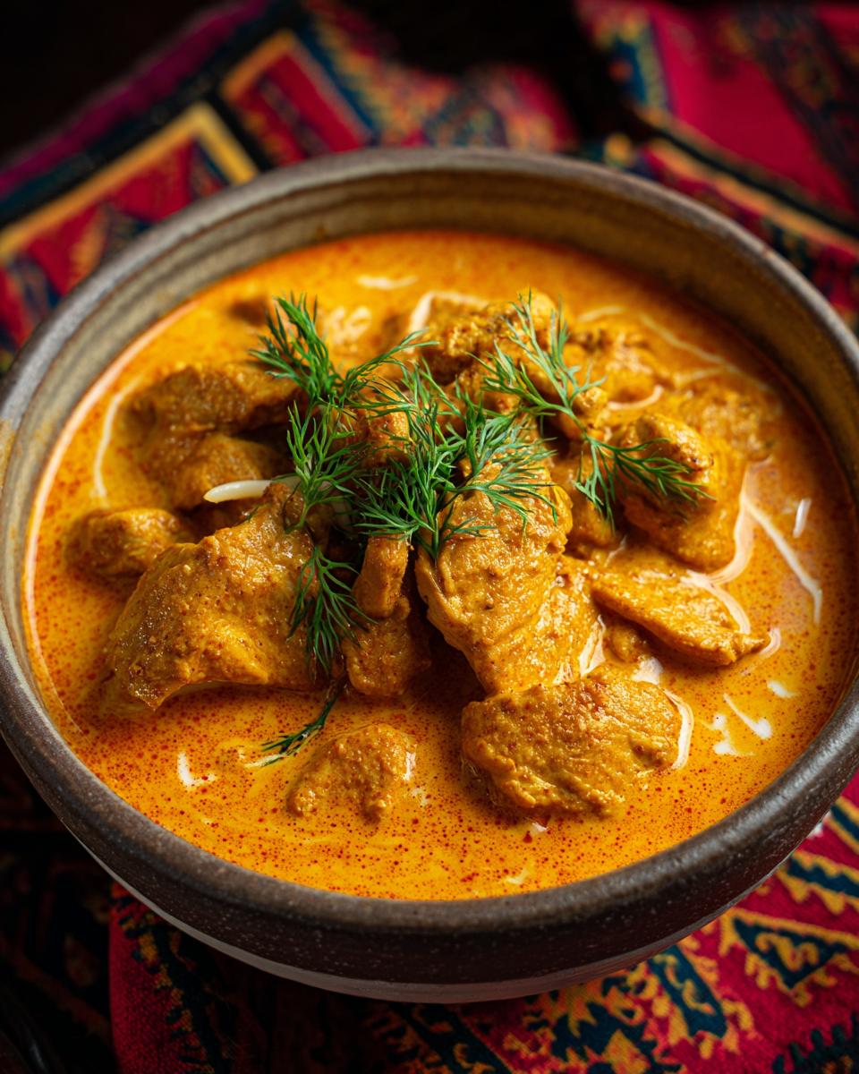 A bowl of Quick Easy Homemade Butter Chicken, garnished with dill, on a colorful cloth.