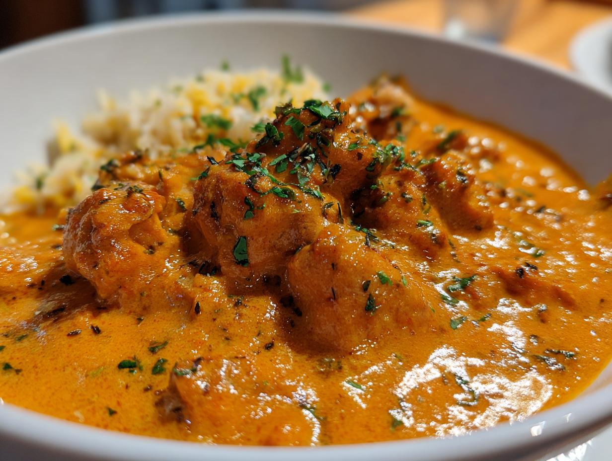 Close-up of Quick Easy Homemade Butter Chicken served with rice and garnished with herbs.