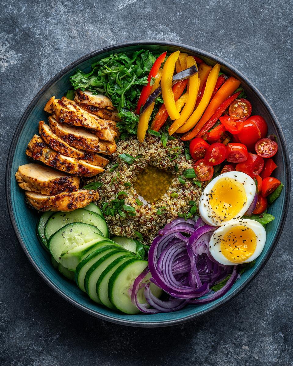 Overhead shot of a vibrant Quinoa Summer Bowl with chicken, vegetables, and a soft-boiled egg.