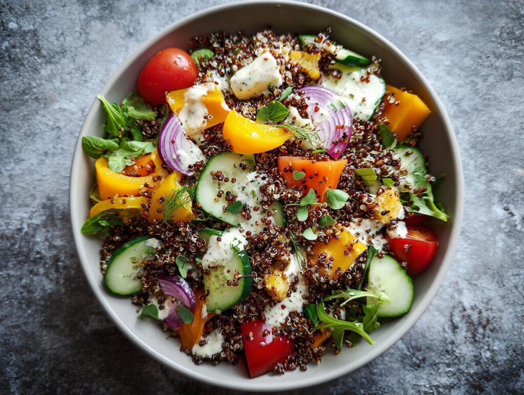 Overhead shot of a vibrant Quinoa Summer Bowl with quinoa, tomatoes, cucumber, peppers, red onion, and a creamy dressing.