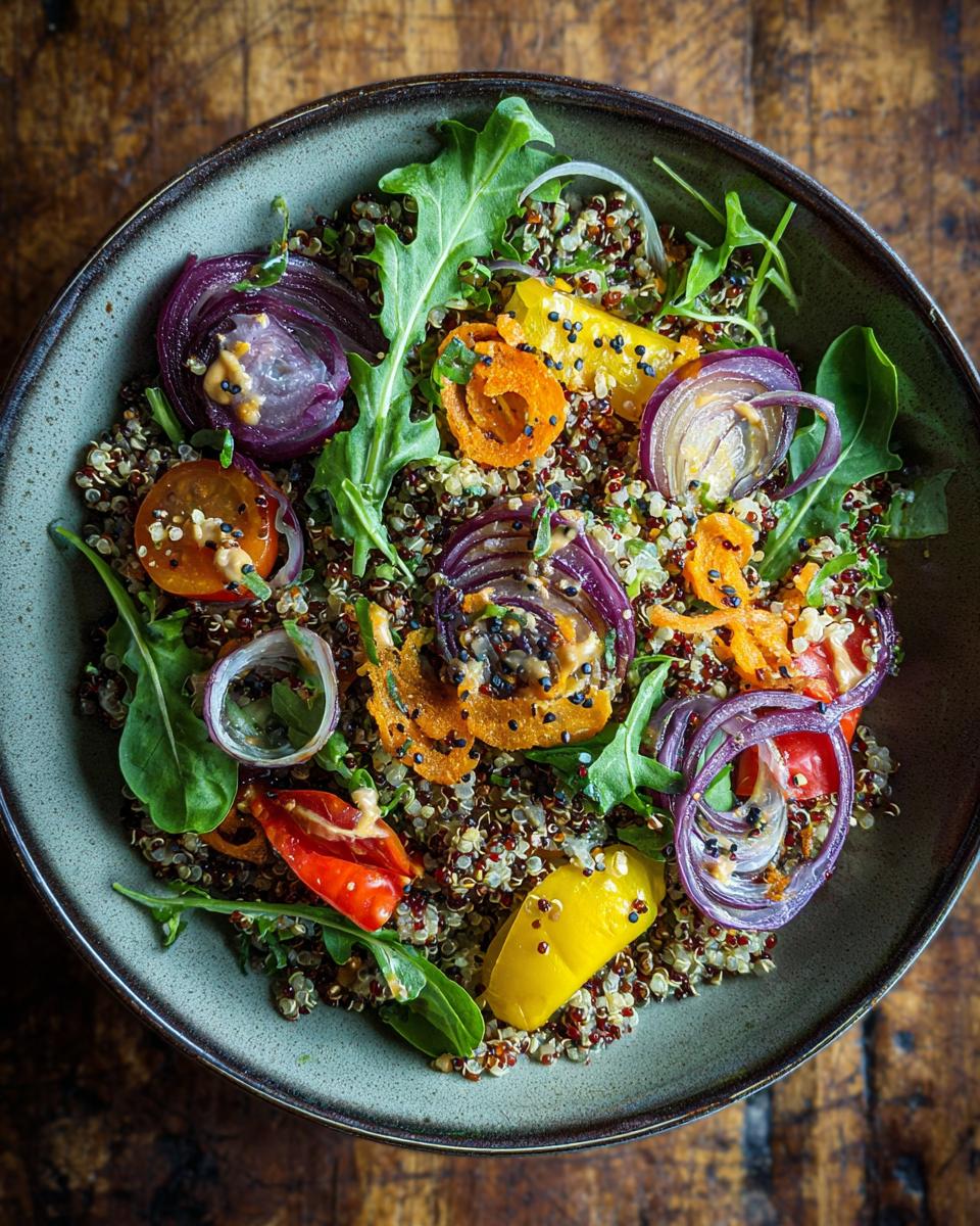 Overhead shot of a vibrant Quinoa Summer Bowl with quinoa, arugula, red onion, and colorful bell peppers.