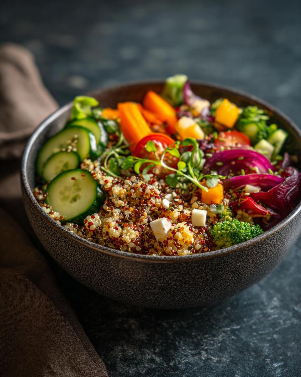 A vibrant Quinoa Summer Bowl featuring quinoa, cucumbers, tomatoes, red onion, and feta cheese.