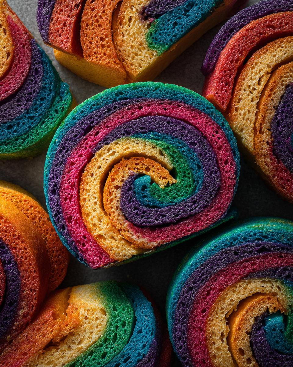 Close-up of colorful Mediterranean Pinwheels with rainbow layers swirled into a spiral shape.